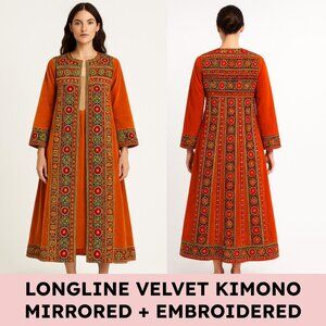 Longline Velvet Kimono Coat - Orange Embroidered
